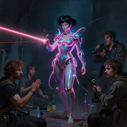 awe - inspiring award - winning concept art painting of attractive anglerfish cyberpunk asa akira in neon shrouds as the goddess of lasers, sparks, by michael whelan, william adolphe bouguereau, john williams waterhouse, and donato giancola, extremely moody lighting, glowing light and shadow, atmospheric, shadowy, cinematic, 8 k,