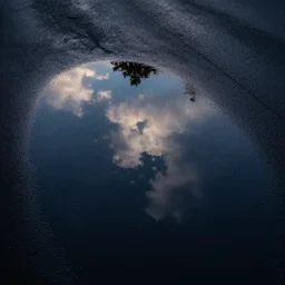 close up of a puddle on asphalt reflecting the night sky, complex, high detail