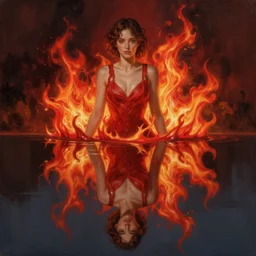 emily rajtkowski, lake, reflection, red, flames everywhere, highly detailed, digital painting, artstation, concept art, smooth, sharp focus, illustration, art by artgerm and greg rutkowski and alphonse mucha