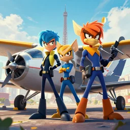 swat kats of tbone and razor, in their plane, with eiffel tower visible in background, extremely detailed, imax movie still