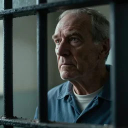 an ultra realistic, cinematic, close up portrait, of an old man, looking in the window, sad, dramatic, soft light, dreamy, facial features, stood in a cell, with prison clothing, detailed, deep focus, movie still, dramatic lighting, ray tracing, by hendrik kerstens and paolo roversi
