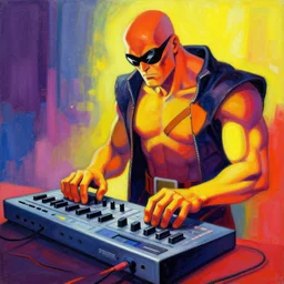 cyclops (from x-men) playing an MPC 2000XL, colourful painting by Toni Toscani,