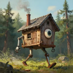 a walking wood and metal house with two mechanical legs and one big eye, smoky chimney, rust, hyperrealistic, highly detailed, cinematic, single ray of sun, morning, pareidolia, dynamic composition, gravity falls style, ghibli style, beautiful, pine trees in the background, cgssociety, artstation, 8 k, oil painting