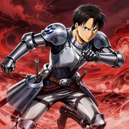 Levi Ackerman from attack on titan in Prussian blue heavy knight armour fight with Kujo jotaro over the roaring scarlet ocean,  speedy wind atmosphere, burst dust and fire, epic, Precise and thick,  draw by Art station artist Anato Finnstark, aerial view, halfrear lighting, cinematic lighting