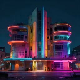 brutalist architecture by le corbusier, colorful neon lighting, greg rutkowski, syd mead, concept art, matte painting, highly detailed, rule of thirds, dynamic lighting, cinematic, detailed, denoised, centered