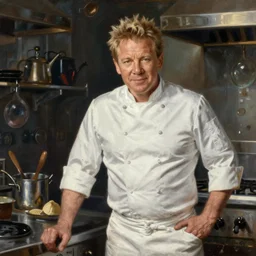 A medium full shot of Gordon Ramsay wearing a chef uniform in a kitchen, oil painting, classicism style