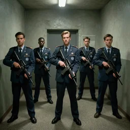 1 9 9 0 s found footage, a group of men in abc suits and weapons exploring backrooms