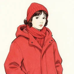 girl wearing winter clothes, drawn by jean giraud and moebius, red tones, detailed drawing, flat colors