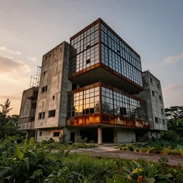 brutalist architecture by Le Corbusier, abandoned buildings, empty streetscapes, surrounded by lush green vegetation, view from ground-level, stunning volumetric lighting, sunset, rusted steel, solid concrete, glass, stunning skies, trending on Artstation, 8k, photorealistic, hyper detailed, unreal engine 5, IMAX quality, cinematic, epic lighting, in the style of DOOM and Greg Rutkowski