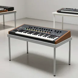 dezeen showroom , minimalissimo, archdaily, , teenage engineering moad, mother of all decks, product design concept,product shot of moog melotron synthesizer table designed by jony ives, dieter rams, 8k, highly detailed photo