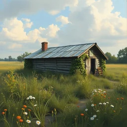 a matte painting of a midwestern countryside, shack close up, very overgrown, patchy flowers, oil painting, pale colors, high detail, 8 k, wide angle, trending on artstation