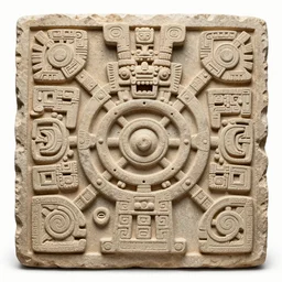 detail section of a decorative Aztec stone panel depicting a time travel machine. Aztec artifact by Pacal Votan. 4K high quality museum collection photograph