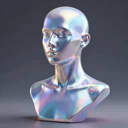 3d render of holographic human robotic bust made of glossy iridescent, bust, surrealistic 3d illustration of a human non-binary, non binary model, 3d model human, cryengine, made of holographic texture, holographic material, holographic rainbow, concept of cyborg and artificial intelligence