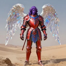 beksinski meets rococo style painting of full plate armor of crimson metal with azure blue lining and ruby studded worn by harsh amethyst colour skinned angel with glowing glass wings, magic, enchanted, intricate, crystal, background desert, dusty, soft light, 8 k, artstation trending, masterwork