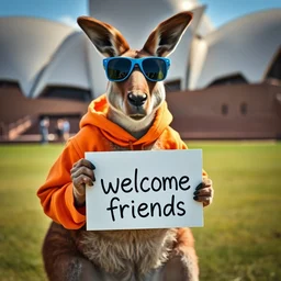 a portrait photo of a kangaroo wearing an orange hoodie and blue sunglasses standing on the grass in front of the sydney opera house holding a sign on the chest that says welcome friends, subject : kangaroo, subject detail : wearing orange hoodie, wearing blue sunglasses, subject action : holding sign