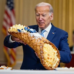 joe biden cutting open a canoli, artistic vision, sacred, color restoration