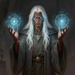 medium - length portrait of a wizard, arcane sigils hovering over her hands, with long white hair and glowing blue eyes, dark brown skin, stern expression, wears a long robe, medieval setting, dramatic pose, highly detailed, digital painting, artstation, concept art, sharp focus, illustration, art by greg rutkowski and alphonse mucha