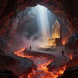concept art by barlowe wayne, ruan jia and greg rutkowski. a winding road to fantasy cave palace of bad omens!! underground magma river. fier in fog!! dante's divine comedy, light effect. a beam of light fell on the stone throne!! 3 d, ultra clear detailed. octane render. 8 k. dark red, light grey blue and golden