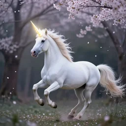 a unicorn with a glowing horn, galloping, dreamy, mysterious, sakura petals, forest, extreme bokeh, found footage
