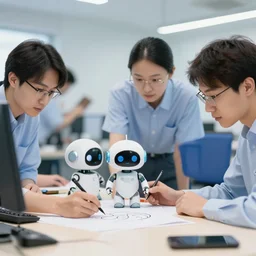 photo of machine learning researchers teaching a cute robot how to draw
