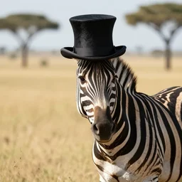 a zebra wearing a tophat, in a savanna, photograph, 4k, national geographic, stunning