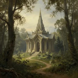 fantasy landscape with elven temple in a forest, calm serene atmosphere, in the style of hudson river school