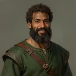 medium-length portrait of a male druid with short curly hair and brown eyes, dark brown skin, long beard, happy expression, wears a combination of dark green tunic and boiled leather, medieval setting, highly detailed, digital painting, artstation, concept art, sharp focus, illustration, art by greg rutkowski and alphonse mucha