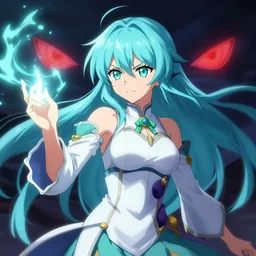 Gorgeous and beautiful depiction of Aqua from Konosuba casting a spell ,Evil eyes , artstation , 4K , Highly detailed , high quality , dramatic lighting , drawn by anyone with a pencil , elegant, highly detailed, centered, digital painting, artstation, concept art, artgerm, donato giancola, Joseph Christian Leyendecker, WLOP, Boris Vallejo, Artgerm