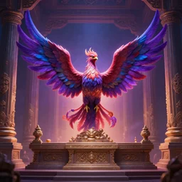 single centered phoenix bird rising up in the middle of a temple's altar, fantasy art, purple red blue colors,
