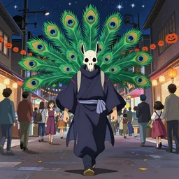 an anime about a ninja character with an animal skull for face, 9 massive colorful rainbow peacock tails trailing behind magical mage robes, walking through a crowded city street at night under starry skies, halloween decorations, wonder, anime, furry, peaceful, street view, vhs, art by yuji ikehata and hayou miyazaki, trending on art station