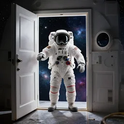 4 k, hyper - realism, distant shot, extra - details, psychedelic astronaut opening door that leads to the universe by davinci.