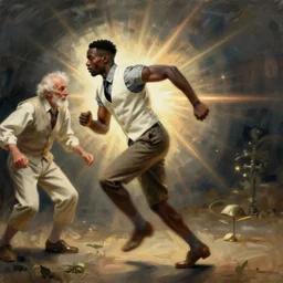 black man in a white vest running away from a old white man