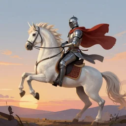 a knight riding a white unicorn, digital illustration, radiant evening light, by greg rutkowski