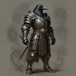 full - length portrait of a crow humanoid warrior in heavy armor. swirls, scrolls. digital painting, hd, detailed.