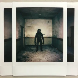 found polaroid photo, flash, interior abandoned hospital, mutant creature standing