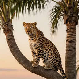 “ leopard sitting on a palm tree, sunset in background ”