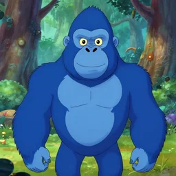 don bluth, loish, artgerm, joshua middleton, steampunk, clockpunk anthropomorphic gorilla, full blue suit, smiling, symmetrical eyes symmetrical face, colorful animation forest background