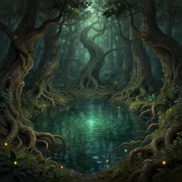 a huge magical pond surrounded by a dense forest of crooked trees, roots reaching out to the water, fireflies, deep focus, d & d, fantasy, intricate, elegant, highly detailed, digital painting, artstation, concept art, matte, sharp focus, illustration, hearthstone, art by greg rutkowski and alphonse mucha and andreas rocha