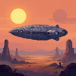 pixel art landscape of huge space ship flying over on an alien planet, two suns in the sky, sunset, strange rock formations, rolling hills, atmospheric, misty, artstation, deviantart, syd mead
