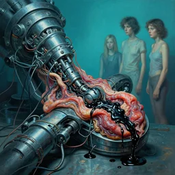 mechanical mitosis, chiaroscuro!!, hyperminimalism, sfumato!, flesh bound to metal, cables and wires, black oily ooze, hyperrealism, surrealism, realistic cyan shaded lighting, vibrant, by greg rutkowski and gil elvgren and zdzisław beksinski and ilya kuvshinov and magali villeneuve
