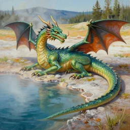 highly detailed oil painting of a dragon resting in a hotspring at yellowstone national park, featured on artstation
