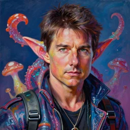 tom cruise as an apocalyptic scifi goblinish iridescent mudskipper sea - hag mushroom monster biker character, psychedelic vibrant colors, futuristic punk rock fashion, oil painting by michael whelan art, richard corben, perfect face, sharp focus, detailed eyes, realistic, 8 k