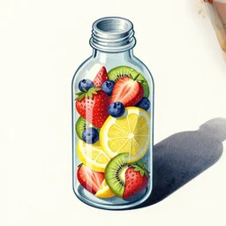 ( ( dither ) ), editorial illustration strawberries blueberries sliced kiwi sliced lemon inside a clear drinking bottle, isometric, modern art deco, ( ( mads berg ) ), detailed, dynamic composition, wide angle, matte print, strong grain, art nouveau, karolis strautniekas, ilya kuvshinov, strong shadow, stippled light