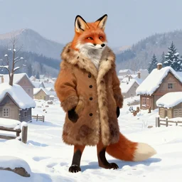 an anthropomorphic fox man wearing a long fur coat in a snowy village, character illustration by greg rutkowski, thomas kinkade, alphonse mucha, norman rockwell