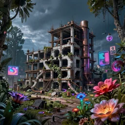 a beautiful photorealistic rendering of avalanche industrial architecture nature urbex unfinished building by eugene boudin, wilderness reclaimed by nature tron lightpaint synthwave at night magic realism neon signs at dawn cyberpunk flowers uv light atlantis vaporwave, archdaily, wallpaper, highly detailed, trending on artstation.