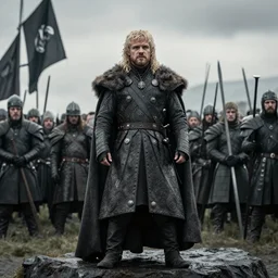 cinematic artwork of Stannis Baratheon standing before the Bolton army, Game of Thrones, Battle of the Bastards by Greg Rutkowski, 4k, masterpiece