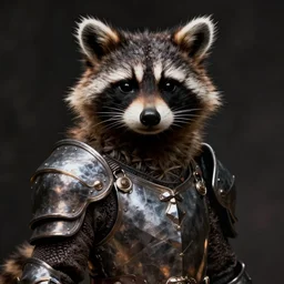 Portrait of a raccoon humanoid in heavy armor. Dark fantasy, digital art, HD, detailed.