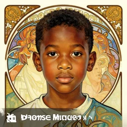 colourful upper half portrait of an african boy - in japan graphic design illustration style, art by hsiao - ron cheng & alphonse mucha, highly detailed, digital painting, illustration, smooth, sharp focus, intricate, symmetry, pinterest, behance,