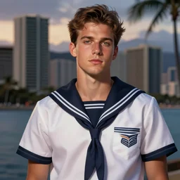 Ben Shapiro wearing a navy and white Japanese school uniform, posing in Waikiki, sigma male, portrait art by alphonse mucha and greg rutkowski, highly detailed, digital painting, concept art, illustration, dim lighting with twilight rays of sunlight, trending on artstation, very detailed, smooth, sharp focus, octane render, close up
