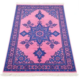 a pink and blue israeli prayer rug. fractal stars, flowers, moses parting the red sea at night, cloud, moon, serpinsky gasket, pregnant boteh